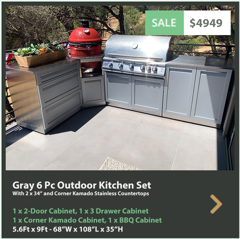 4950 4 Life Outdoor Product Image 6 PC Set Grey Stainless Steel Cabinets 1x2 Door Cabinet 1x3-Drawer Cabinet 1 x BBQ 1 x Kamado 2 x 34 Countertops