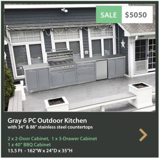 5050 4 Life Outdoor Product Image 6 PC Gray Outdoor kitchen 2 x 2-door, 1x3-Drawer 1xBBQ cabinet 1 x 34 1x88 stainless countertops