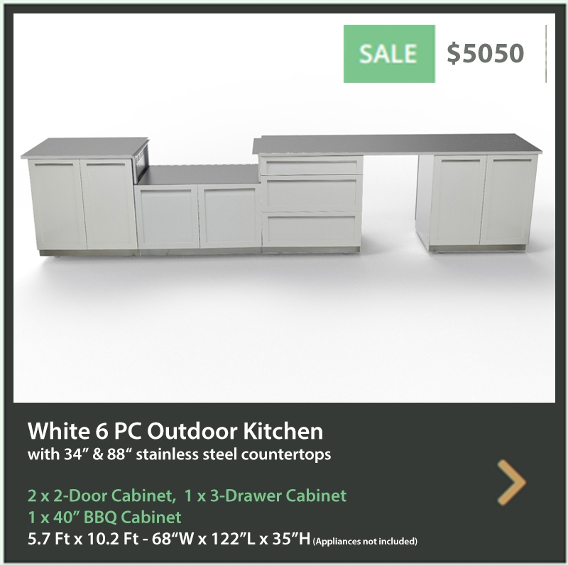 5050 4 Life Outdoor Product Image 6 PC set White stainless steel cabinets 2 x 2 door 3 drawer cabinet BBQ cabinet 34 88 inch stainless countertop