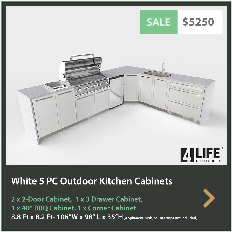 5250 4 Life Outdoor Product Image 5 PC White Outdoor kitchen 2 x 2-door, 1x3-Drawer 1xCorner Cabinet 1xBBQ cabinet
