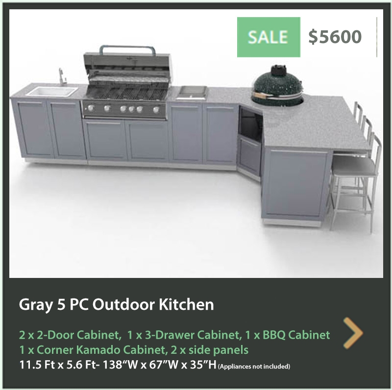 5600 4 Life Outdoor Product Image 5 PC Outdoor kitchen Gray 2x2-Door Cabinets 1x3 Drawer Cabinet 1xKamado Cabinet 1xBBQ cabinet 2xside panels