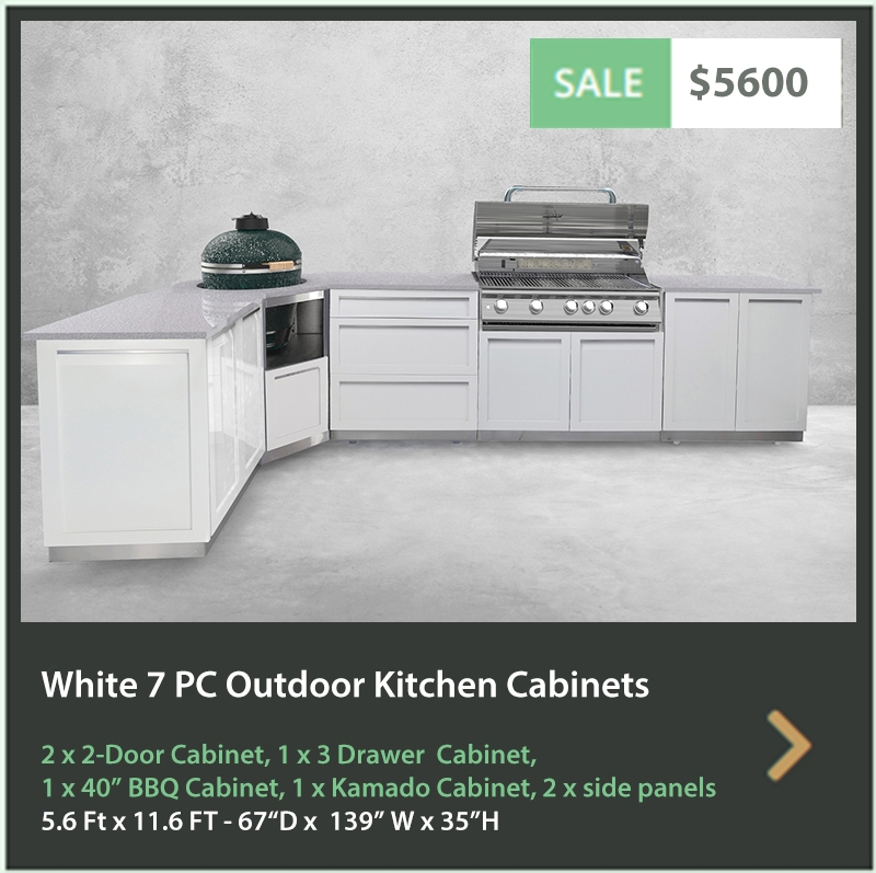 5600 4 Life Outdoor Product Image 7 PC Outdoor Kitchen White 2x2-Door Cabinet 1x3-Drawer 1xKamado Cabinet 1xBBQ Cabinet 2 x side panels