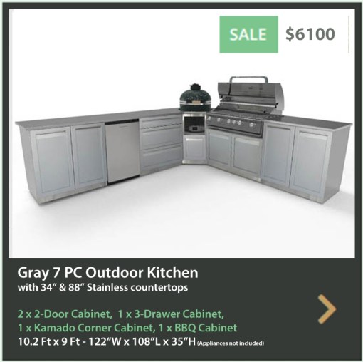 6100 4 Life Outdoor Product Image 7 PC Outdoor Kitchen Grey 2x2-Door Cabinet 1x3-Drawer 1xKamado Cabinet 1xBBQ Cabinet 34 88 Inch Stainless Countertops