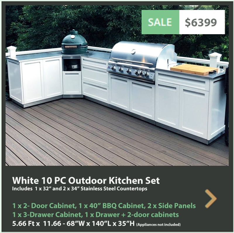 White 10 PC Dual Grill Outdoor Kitchen: BBQ Cabinet, Kamado Corner 3 Drawer Cabinet, Drawer + 2-door Cabinet, 1 x 2-door Cabinet, 2 Side Panel, 2 x countertop 1 x 32″ countertop - Life Outdoor Kitchens