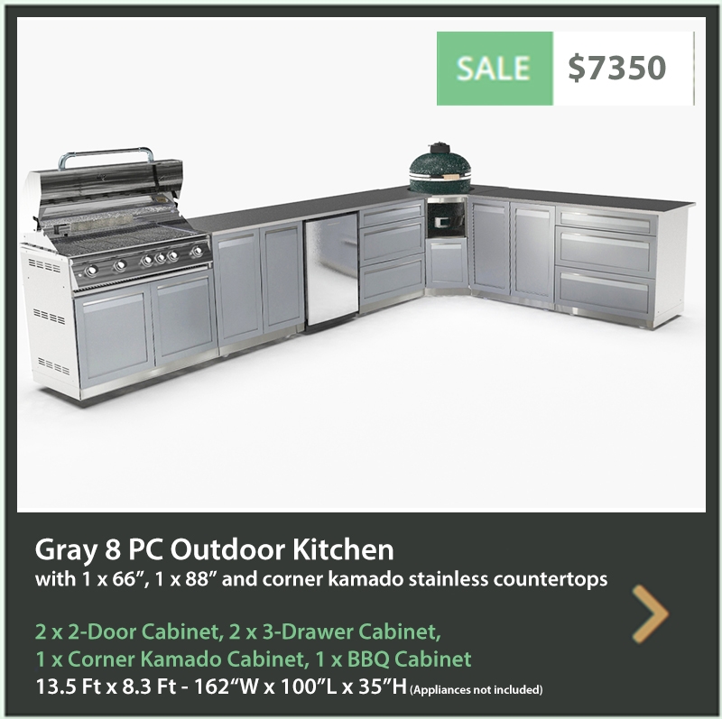 7350 4 Life Outdoor Product Image 8 PC Outdoor kitchen Gray 2 x 2 door cabinet 2x 3 Drawer 1xKamdo Corner 1xBBQ cabinet 88 and 66 inch stainless countertops
