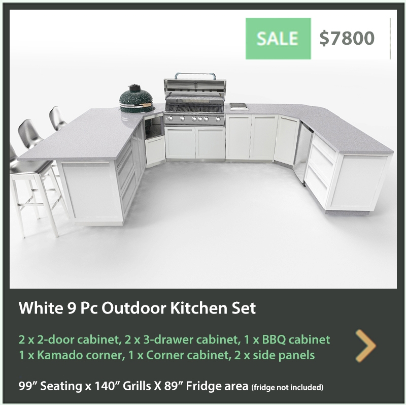 7800 4 Life Outdoor Product Image 9 PC White Outdoor kitchen 2 x 2 door 2 x 3 drawer 1 BBQ 1 Corner 1 kamado corner 2 side panels