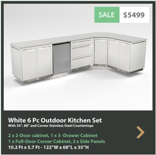 5500 4 Life Outdoor Product Image 6 PC Outdoor kitchen White 2x2-Door Cabinet 1x3-Drawer 1xCorner Cabinet 2x side panels 34 88 Inch Stainless Countertops