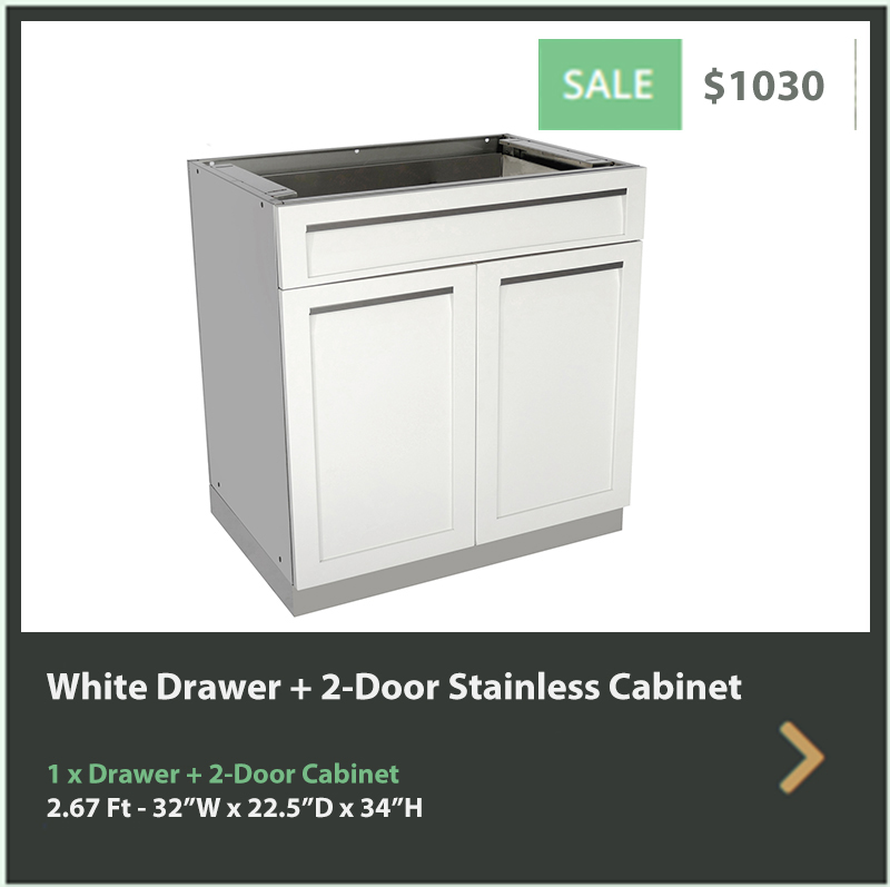 1030 4 Life Outdoor White Stainless Steel Outdoor Kitchen 2-door + Drawer Cabinet