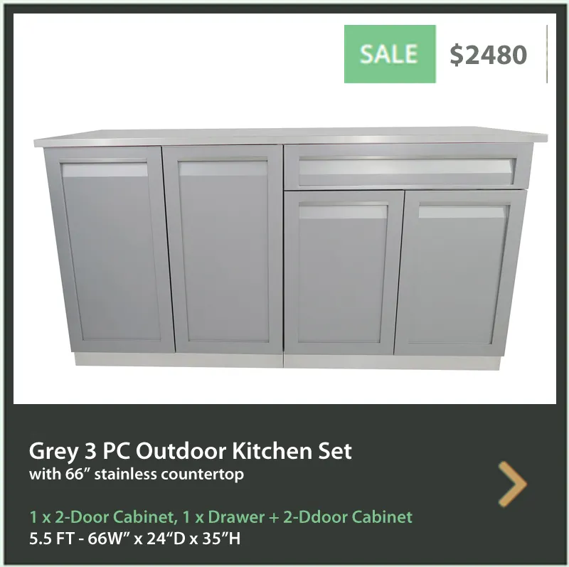 2480 4 Life Outdoor Product Image 3 PC Set Gray Stainless Steel Cabinets 1x2-Door Cabinet 1xDrawer Plus 2-Door Cabinet 1x66 Inch Stainless Countertop web
