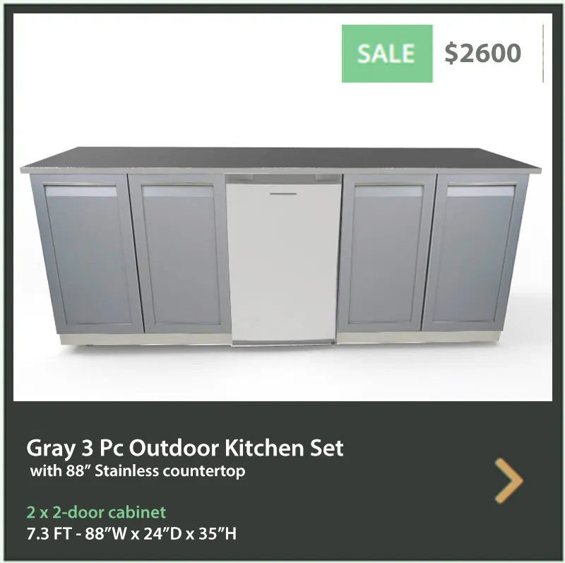 2600 4 Life Outdoor Product Image 3 PC Set Gray Stainless Steel Cabinets 2x2-Door Cabinet 1x88 Inch Stainless Countertop web