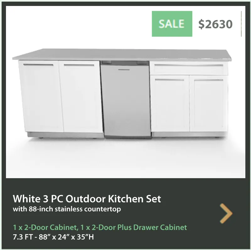 2630 4 Life Outdoor Product Image 3 PC Set White Stainless Steel Cabinets 1x2-Door Cabinet 1xDrawer Plus 2-Door Cabinet 1x88 Inch Stainless Countertop web