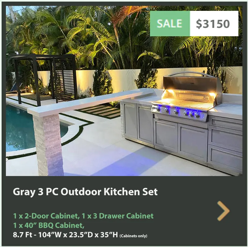 3150 4 Life Outdoor Product Image 3 PC set Gray Stainless Steel Cabinets 1 x 2 Door Cabinet 1 x BBQ Cabinet and 1 x 3 Drawer Cabinet