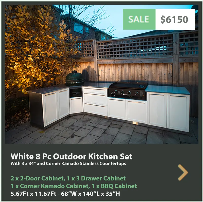 6150 4 Life Outdoor Product Image 8 PC Outdoor kitchen White 2x2-Door Cabinet 1x3-Drawer 1xKamado Cabinet 1 x 40inch BBQ Cabinet 3 x 34 Iinch Stainless Countertops web