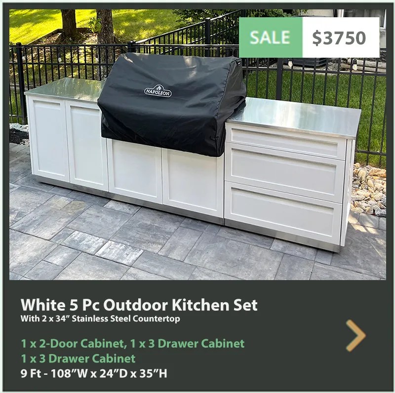 3750 4 Life Outdoor Product Image White 5 PC Outdoor kitchen 1 x 2 door 1 x BBQ 1 x 3 drawer 2 x 34 stainless countertops web
