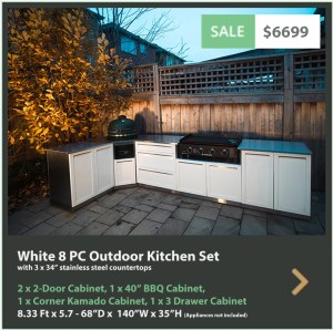 6699 4 Life Outdoor Product Image 8 PC Outdoor kitchen White 2x2-Door Cabinet 1x3-Drawer 1xKamado Cabinet 1 x 40inch BBQ Cabinet 3 x 34 Iinch Stainless Countertops