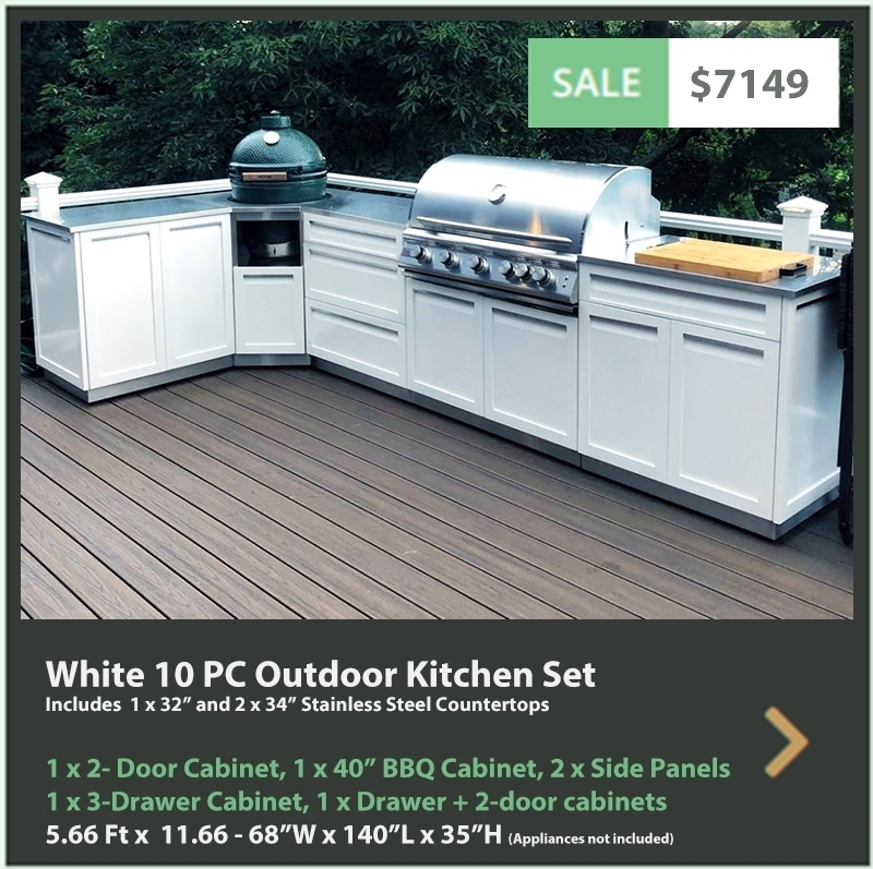 7149 4 Life Outdoor Product Image 10 PC Outdoor kitchen White 1x2-Door Cabinet 1xDrawer+2-door cabinet, 1 x 3 drawer cabinet 1xCorner Kamado Cabinet 1x BBQ 2 x side panels 2 x 34Top 1 x 32Top